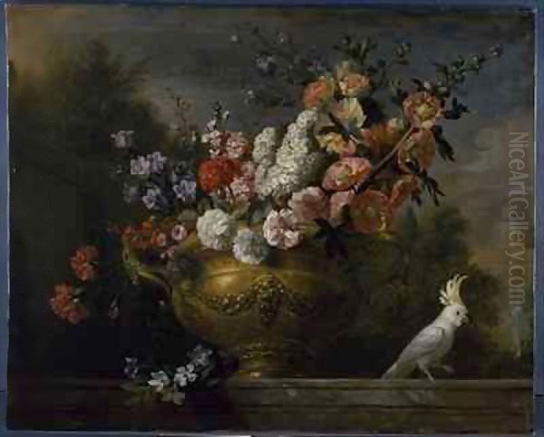 Still life with flowers in an urn, with a cockatoo, on a ledge Oil Painting by Giovanni Boggi