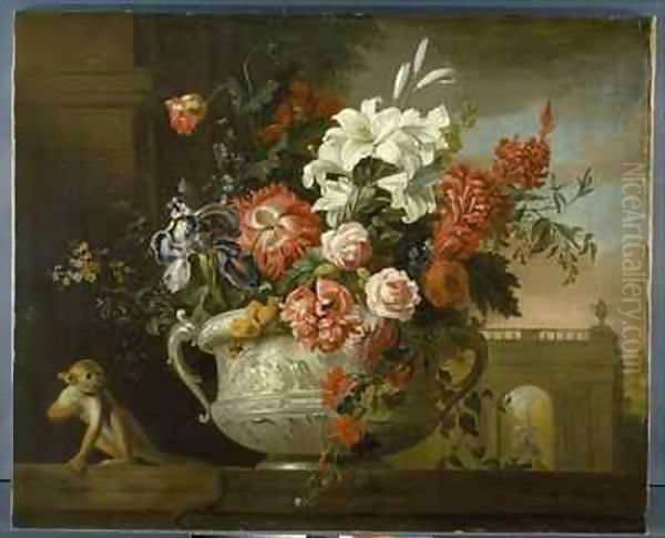 Still life with flowers in an urn, with a monkey, on a ledge Oil Painting by Giovanni Boggi