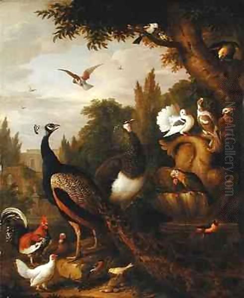 Peacock, peahen, parrots, canary, and other birds in a park Oil Painting by Giovanni Boggi