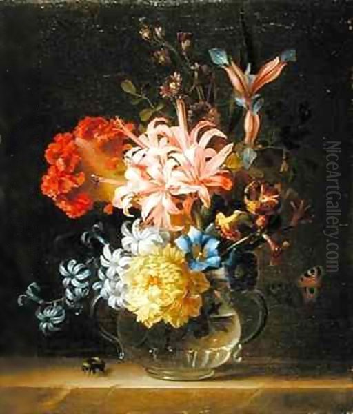 Still Life of Flowers in a Glass Vase, with a Bumble Bee and a Butterfly Oil Painting by Giovanni Boggi