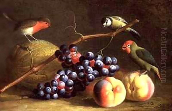 Three Birds with Peaches, Grapes and a Melon Oil Painting by Giovanni Boggi