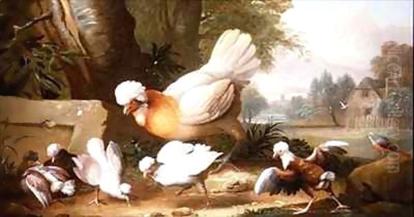 Poultry and Pigeons in a Landscape Oil Painting by Giovanni Boggi