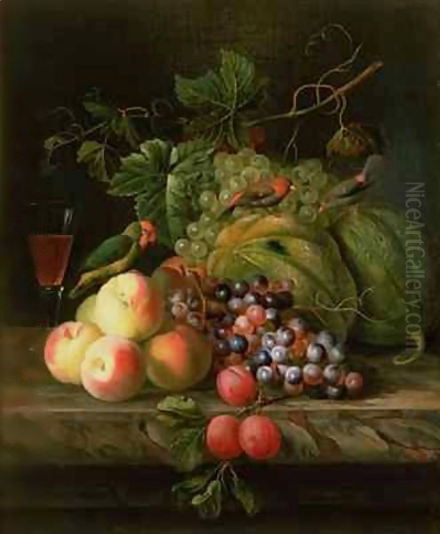 Still life of fruit on a ledge with Parakeets Oil Painting by Giovanni Boggi