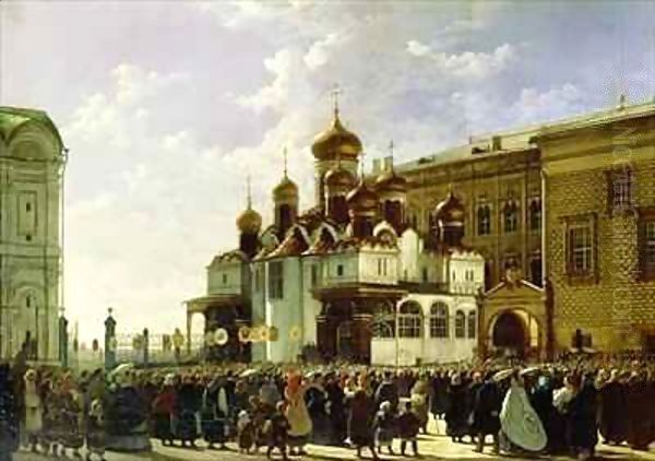 Easter procession at the Maria Annunciation Cathedral in Moscow Oil Painting by Karl-Fridrikh Petrovich Bodri