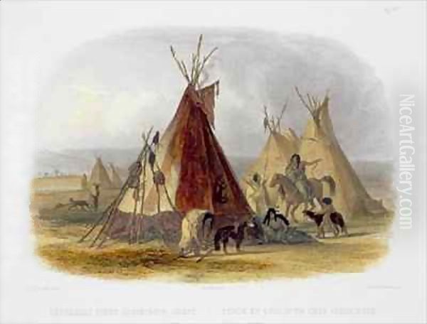 A Skin Lodge of an Assiniboin Chief Oil Painting by Karl Bodmer