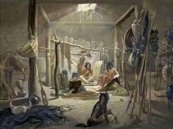 The Interior of a Hut of a Mandan Chief Oil Painting by Karl Bodmer