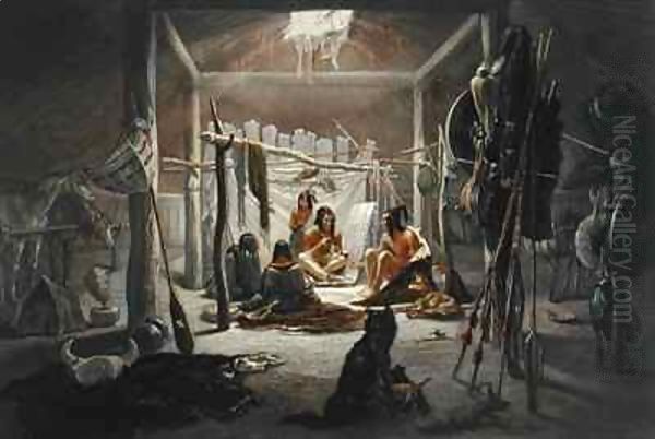 The Interior of the Hut of a Mandan Chief Oil Painting by Karl Bodmer