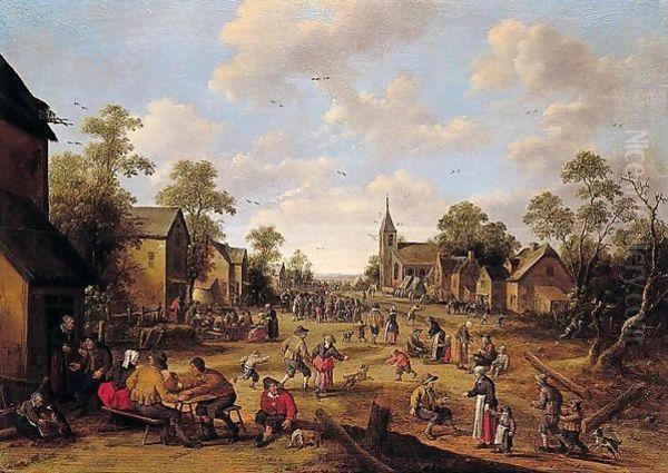 A Crowded Village Scene Oil Painting by Joost Cornelisz. Droochsloot