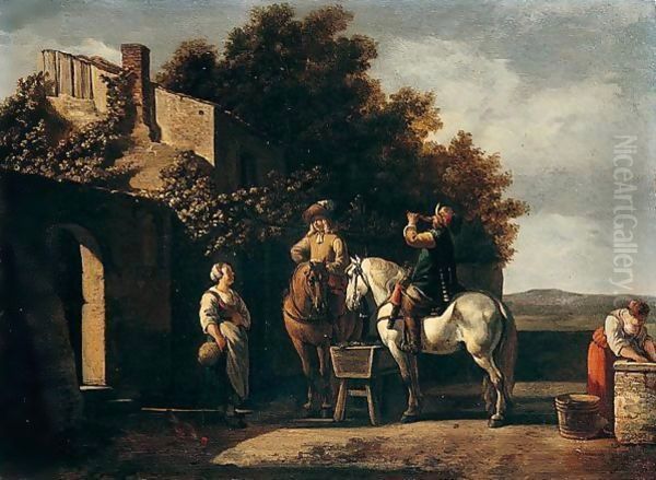 Cavaliers Outside An Inn Oil Painting by Gerrit Adriaensz Berckheyde