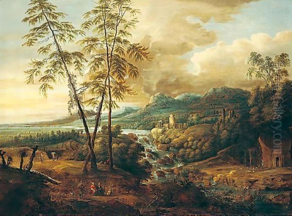 A River Landscape With A Waterfall, Figures Conversing In The Foreground Oil Painting by Lucas Van Uden