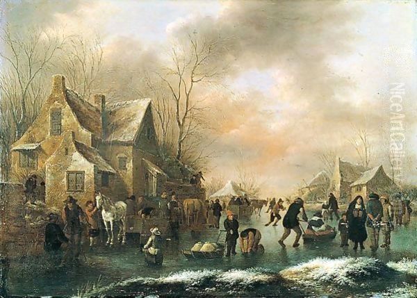 Winter Landscape With Numerous Figures Upon A Frozen Canal In A Village Oil Painting by Claes Molenaar (see Molenaer)