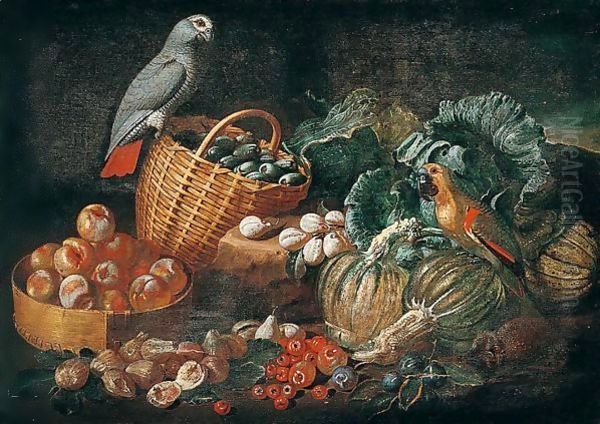 Still Life With Parrots, Pumpkins, Tomatoes, Figs, Peaches And Plums In Baskets Oil Painting by Jacob van der (Giacomo da Castello) Kerckhoven