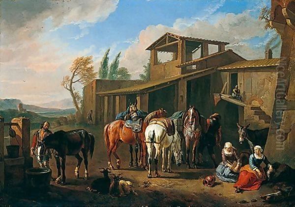 A Southern Landscape With Riders Watering Their Horses By A Farm Oil Painting by Pieter van Bloemen