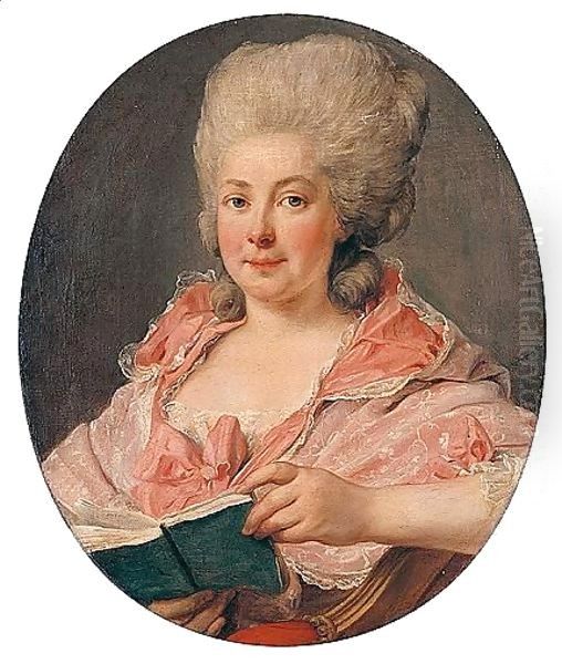 Portrait Of A Lady, Wearing A Lace-Trimmed Pink Dress And Holding A Book Oil Painting by Antoine Vestier