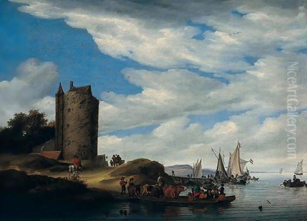 A River Landscape With A Ferryboat And Other Shipping, Travellers On A Path By A Tower Oil Painting by Salomon van Ruysdael