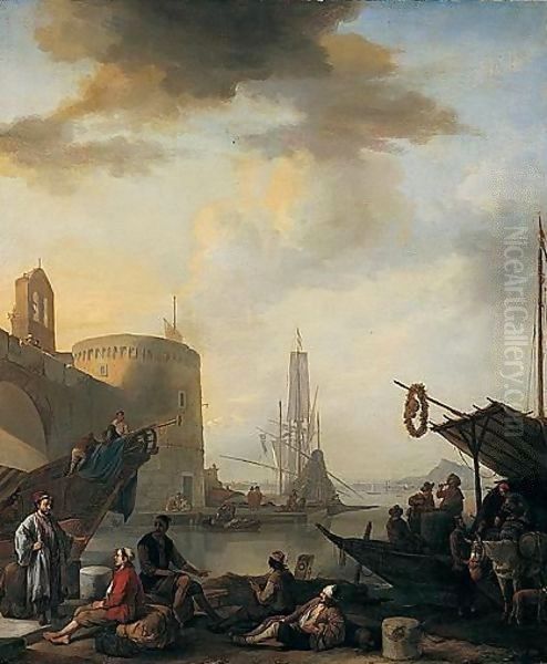 A View Of An Italian Port Oil Painting by Johannes Lingelbach