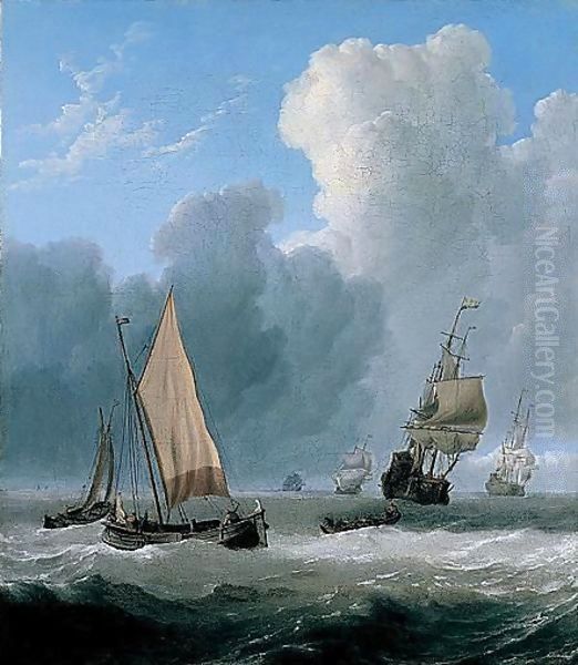 Dutch Coastal Vessels With A Rowing Boat On The Open Sea With A Squadron Of Men Of War Beyond Oil Painting by Willem van de, the Elder Velde