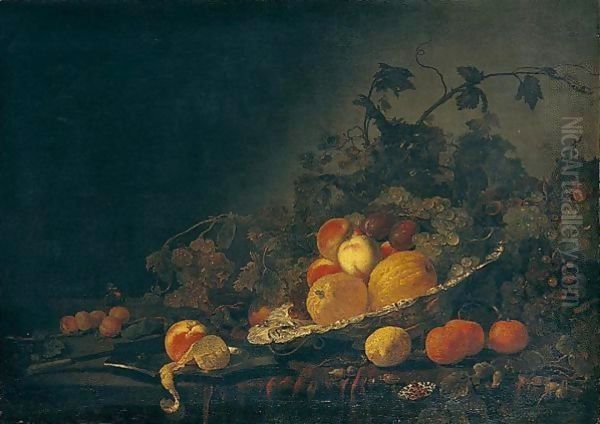 Still Life Of Quinces, Plums, Peaches And Grapes In A Silver Salver, Together With A Peach And A Peeled Lemon On A Silver Plate, A Knife, Grapes, Oranges, Lemons And Apricots On A Table Partly Draped With A Red Cloth Oil Painting by Abraham Van Calraet