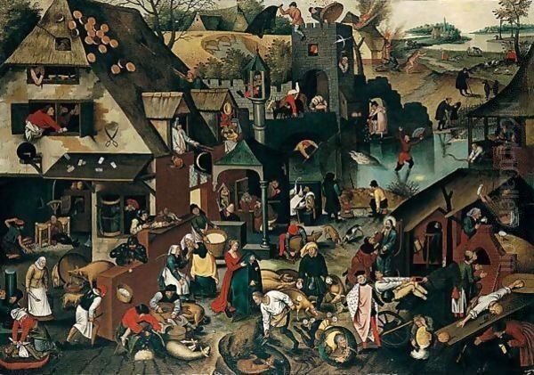 Flemish Proverbs (De Blauwe Huyck) Oil Painting by Pieter The Younger Brueghel