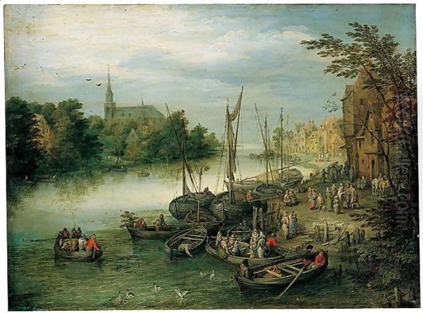 A View Of A River Quayside, A Church In The Distance Oil Painting by Jan Brueghel the Younger