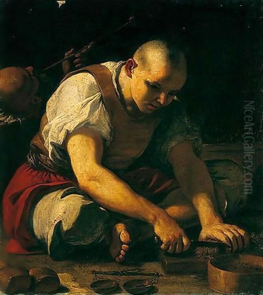 A Man Cutting Up Tobacco, Another Smoking Behind Oil Painting by Mattia Preti