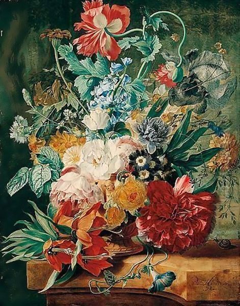 A Still Life Of Spring Flowers Including Roses, Tulips, Narcissi, Peonies, Carnations, Gentians, Fritillaries, Daffodils, Irises, Bluebells And Morning Glory, In A Carved Stone Urn Upon A Marble Ledge In A Garden Setting Oil Painting by Wybrand Hendriks