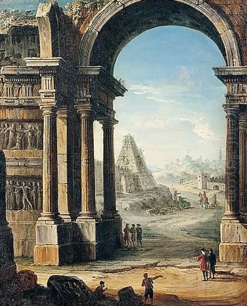 An Architectural Capriccio Of Classical Ruins With A Pyramid And Figures Oil Painting by Antonio Joli