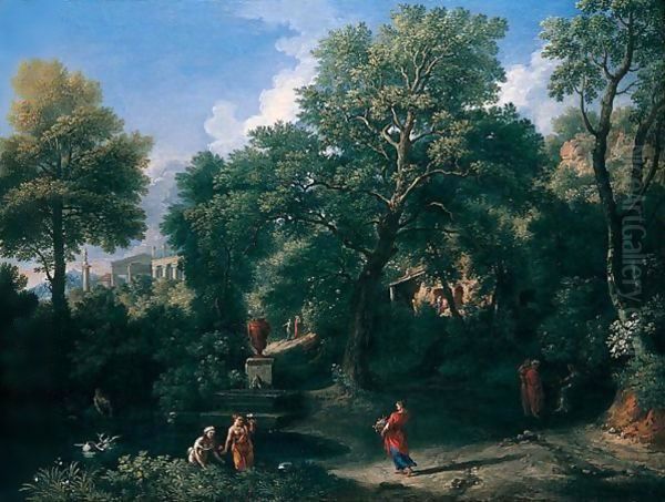 An Arcadian Landscape With Figures Bathing By A Pool, A Classical Temple Beyond Oil Painting by Jan Frans Van Bloemen (Orizzonte)