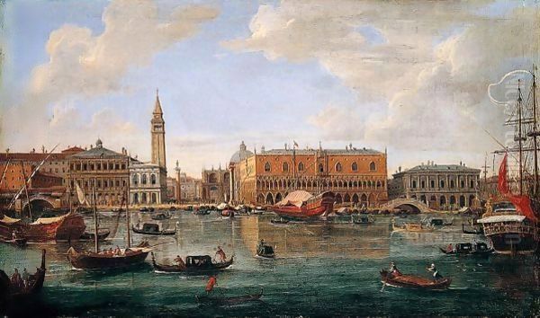 Venice, A View Of The Molo From The Bacino Di San Marco Looking North Towards The Piazzetta And The Palazzo Ducale Oil Painting by Caspar Andriaans Van Wittel