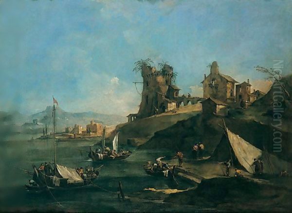 A Coastal Capriccio With Fishing Boats At Anchor In A Bay Before A Headland With A Ruined Tower, A Mountain Range Beyond Oil Painting by Francesco Guardi