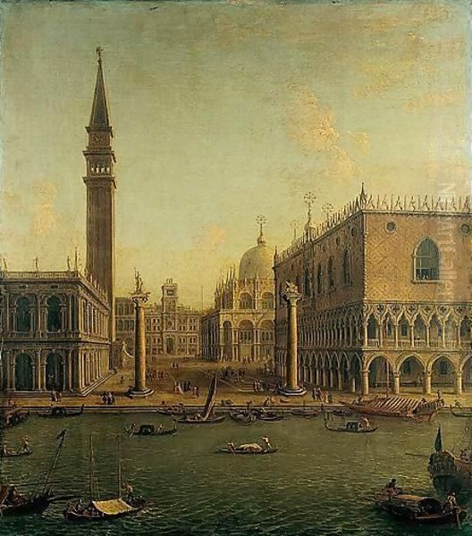 Venice, A View Of The Bacino Di San Marco With The Piazzetta And The Palazzo Ducale Looking North Towards The Torre Dell' Orologio Oil Painting by Antonio Joli