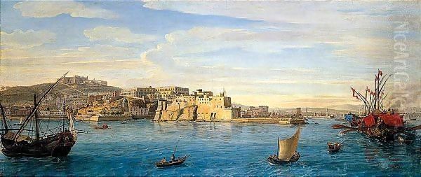 A Prospect Of Naples From The Sea, Looking North East Towards The Castel Dell'Ovo Oil Painting by Caspar Andriaans Van Wittel