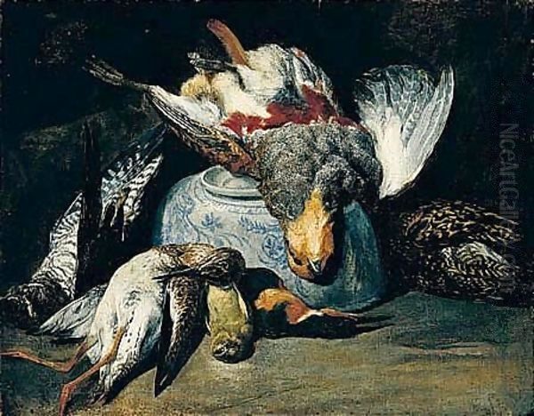 Still Life Of A Partridge, Hawk, Snipe, Goldfinch And Kingfisher, Together With An Upturned Blue And White Porcelain Bowl Oil Painting by Peeter Boel