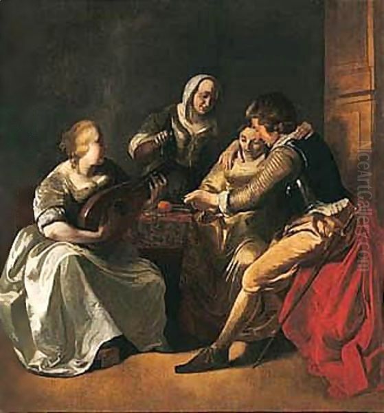 An Interior With A Couple Seated At A Table, Another Lady Playing The Lute And A Man Standing Behind Oil Painting by Jacob Ochtervelt