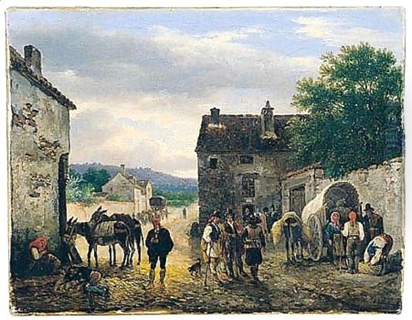 Village Scene With Figures And Donkeys Before A House Oil Painting by Guiseppe Canella