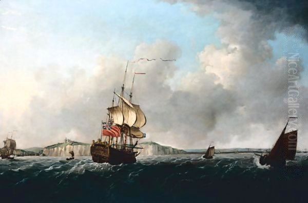 A Flagship Running Through The Straits Past Dover Oil Painting by Francis Swaine