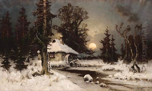 The Mill In Winter Oil Painting by Iulii Iul'evich (Julius) Klever