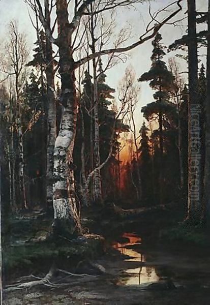 Birch Forest At Sunset Oil Painting by Iulii Iul'evich (Julius) Klever