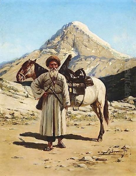 Portrait Of A Cossack By His Horse Oil Painting by Richard Karlovich Zommer