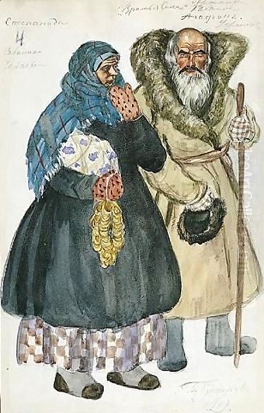 Costume Design For An Old Peasant Couple Agafon And Stepanida Oil Painting by Boris Kustodiev