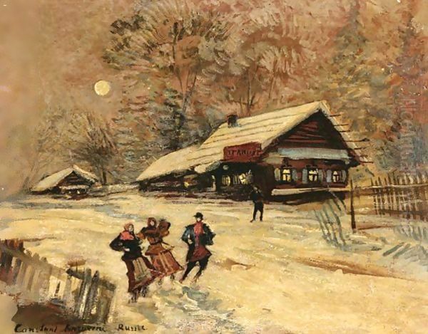 Merrymakers Outside The Traktir Oil Painting by Konstantin Alexeievitch Korovin