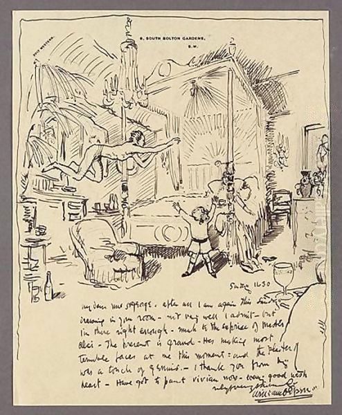 An Illustrated Letter To Mrs St George The Bedroom At Clonsilla Oil Painting by Sir William Newenham Montague Orpen