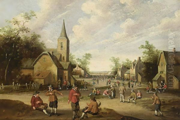 A Village Scene With Figures Conversing Oil Painting by Joost Cornelisz. Droochsloot