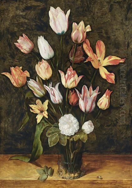 A Still Life With Fifteen Tulips And Two White Roses With A Fly On A Leave In A Glass Beaker, All On A Wooden Ledge Together With A Ladybird Oil Painting by Isaak Soreau