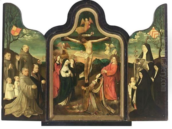 A Triptych Central Panel The Crucifixion, Left Wing Saint Francis With Male Donors, Right Wing Saint Barbara With Female Donors Oil Painting by Jacob Cornelisz Van Oostsanen