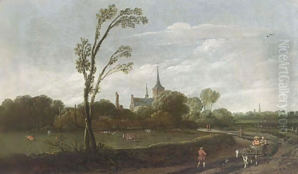 A Wooded Landscape With A Horse-Drawn Cart, A View Of A Village With A Church Tower Beyond Oil Painting by Esaias Van De Velde