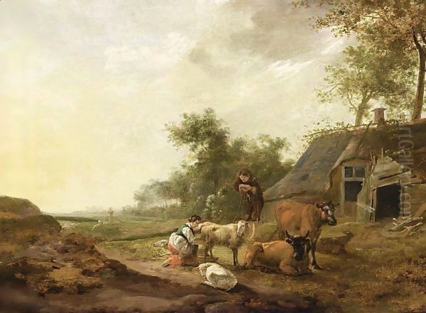 A Landscape With A Maid Milking A Sheep, A Shepherd Watching With Sheep And Cows, A Farm Nearby Oil Painting by Hendrik Mommers