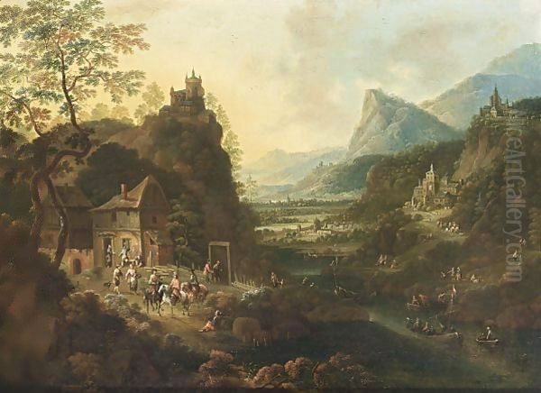 A Rhenish Mountainous River Landscape With Horsemen And Travellers Near An Inn, Fishing Boats On The River, And A Castle On A Hill Top And Other Castles And Villages Beyond Oil Painting by Jan the Elder Griffier