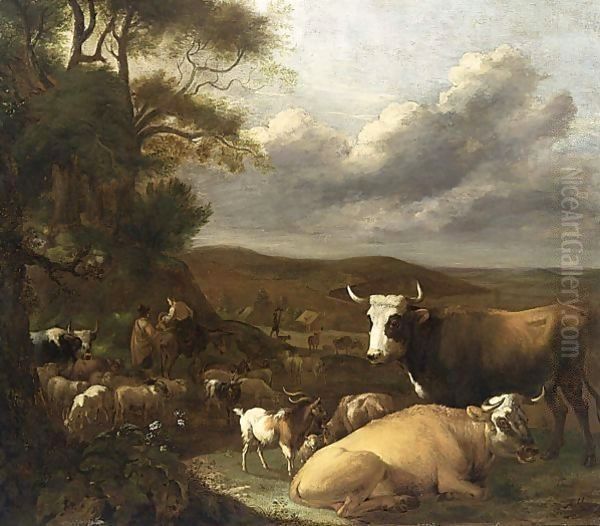 A Landscape With Cows Resting In A Meadow Near Trees Oil Painting by Albert-Jansz. Klomp