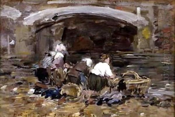 Laveuses Pres D'Un Pont Oil Painting by Eugene Boudin